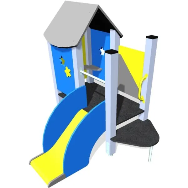 Lekehus med sklie og innvendig benk.