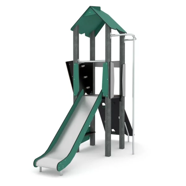 klatretårn med sklie for barn fra 3 år og oppover, laget av miljøvennlige materialer.