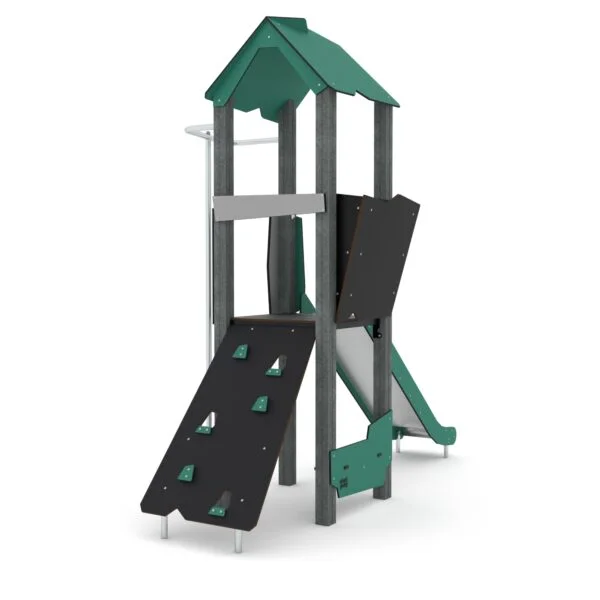 Klatretårn med sklie for barn fra 3 år, i miljøvennlige materialer.