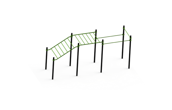 Utendørs treningspark med armgang-bro og pull-up-stenger.