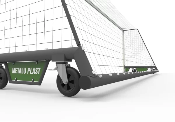 Detaljbilde av et portabelt fotballmål med innebygd ballast.