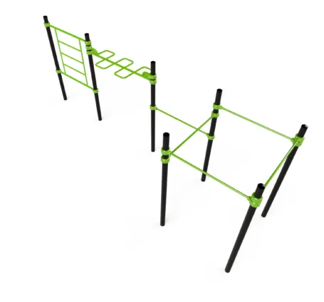 Enkel treningspark med ribbevegg, snakebar og pullups-stenger.