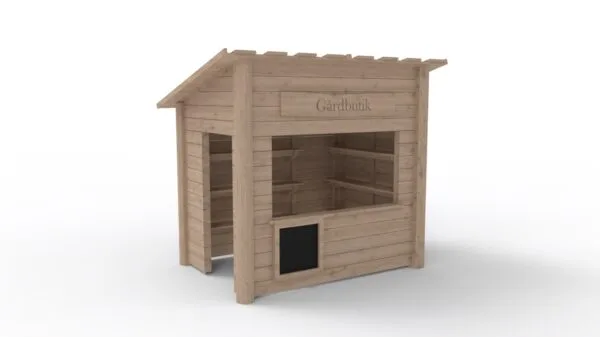 Lekehus med gårdsbutikk-design. Følger med tavle for å skrive prisene, skilt og disk.
