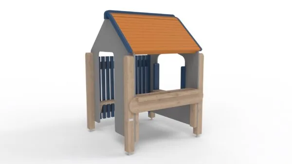 Lekehus med vindu i oransje og blått.