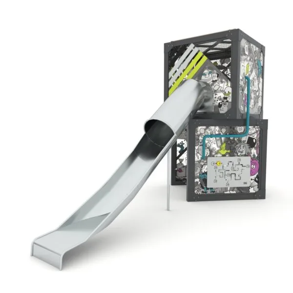 Klatretårn bestående av to kuber oppå hverandre. Med tunnelsklie