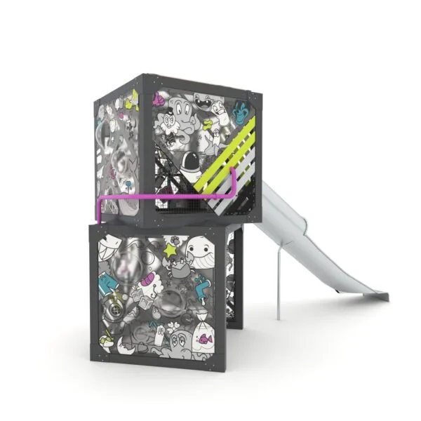 klatretårn av to kuber oppå hverandre, med tunnelsklie og et ungdommelig design