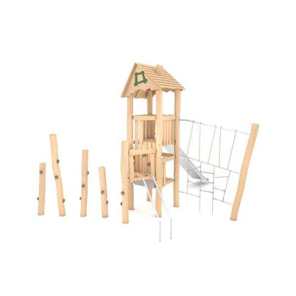 To etasjers leketårn i vedlikeholdsfri robinia, med klatrestolper, klatrenett og balansestokker. For barn fra 5 år og oppover.