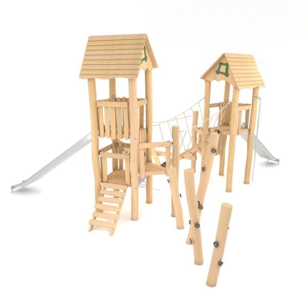 Dobbelt leketårn i vedlikeholdsfri robinia for barn fra 5 år og oppover.