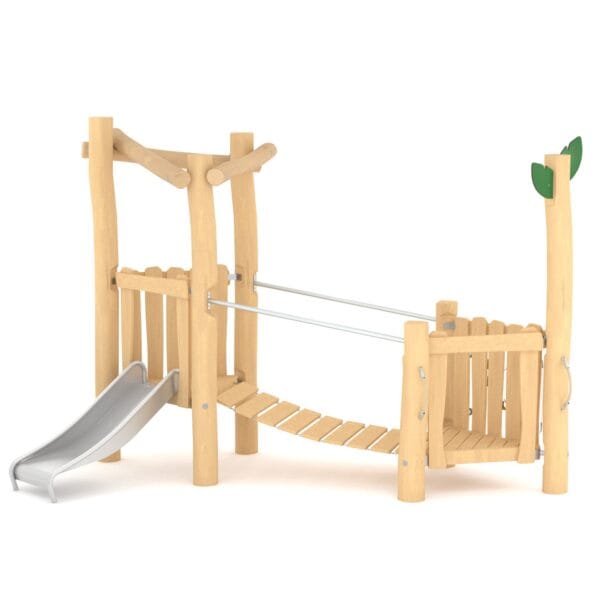 Dobbelt leketårn for de minste, med sklie og hengebro. I vedlikeholdsfri robinia