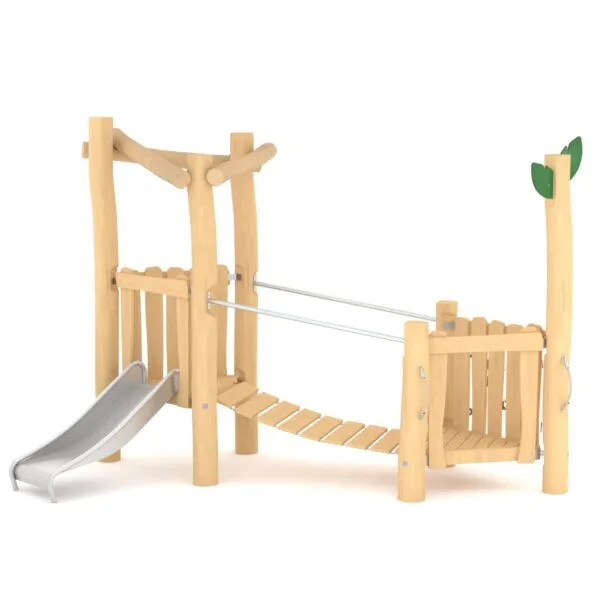 Dobbelt leketårn for de minste, med sklie og hengebro. I vedlikeholdsfri robinia