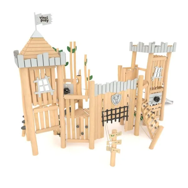 Stort lekeslott i vedlikeholdsfritt robiniatre, for 38 barn.