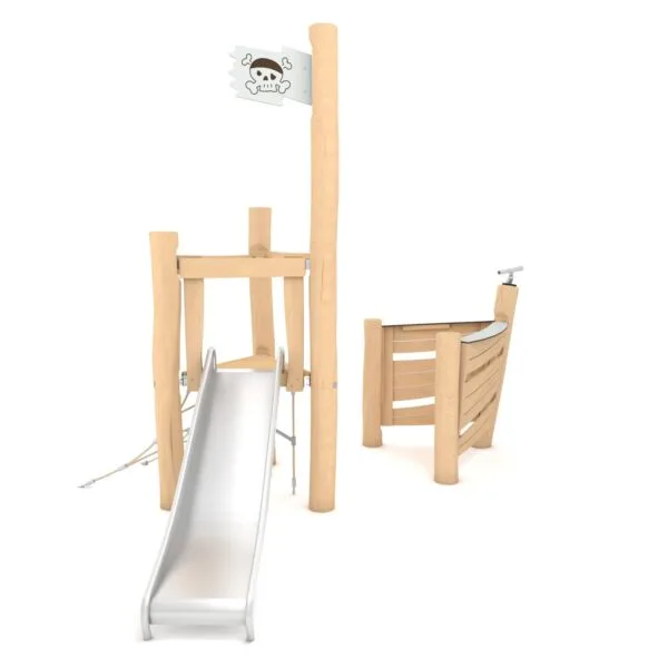 Lekeapparat i robiniatre med sklie og klatrenett, som er formet som en båt