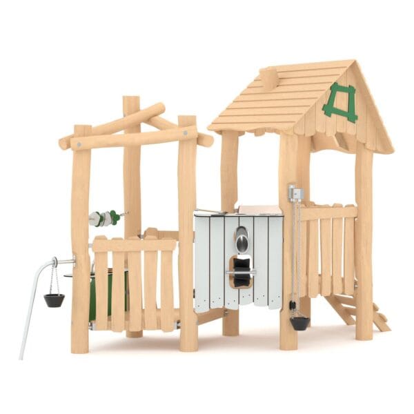 Lekekjøkken med to benker, heisbar bøtte og plattformer til lekeplassen